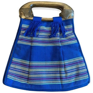 Blue striped handwoven and hand carved wooden face handle hand bag
